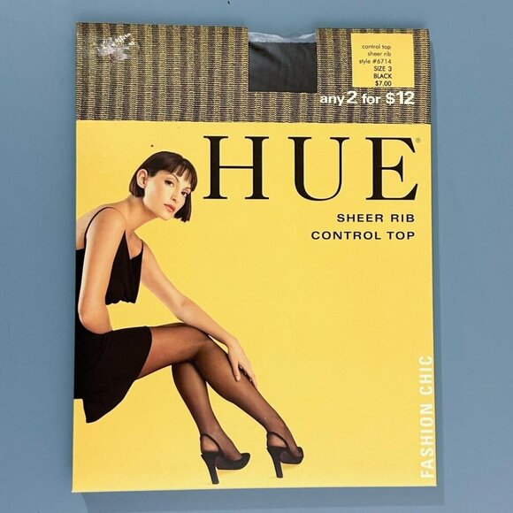 HUE Sheer Rib Control Top Pantyhose, Size 3, Black - Picture 1 of 2